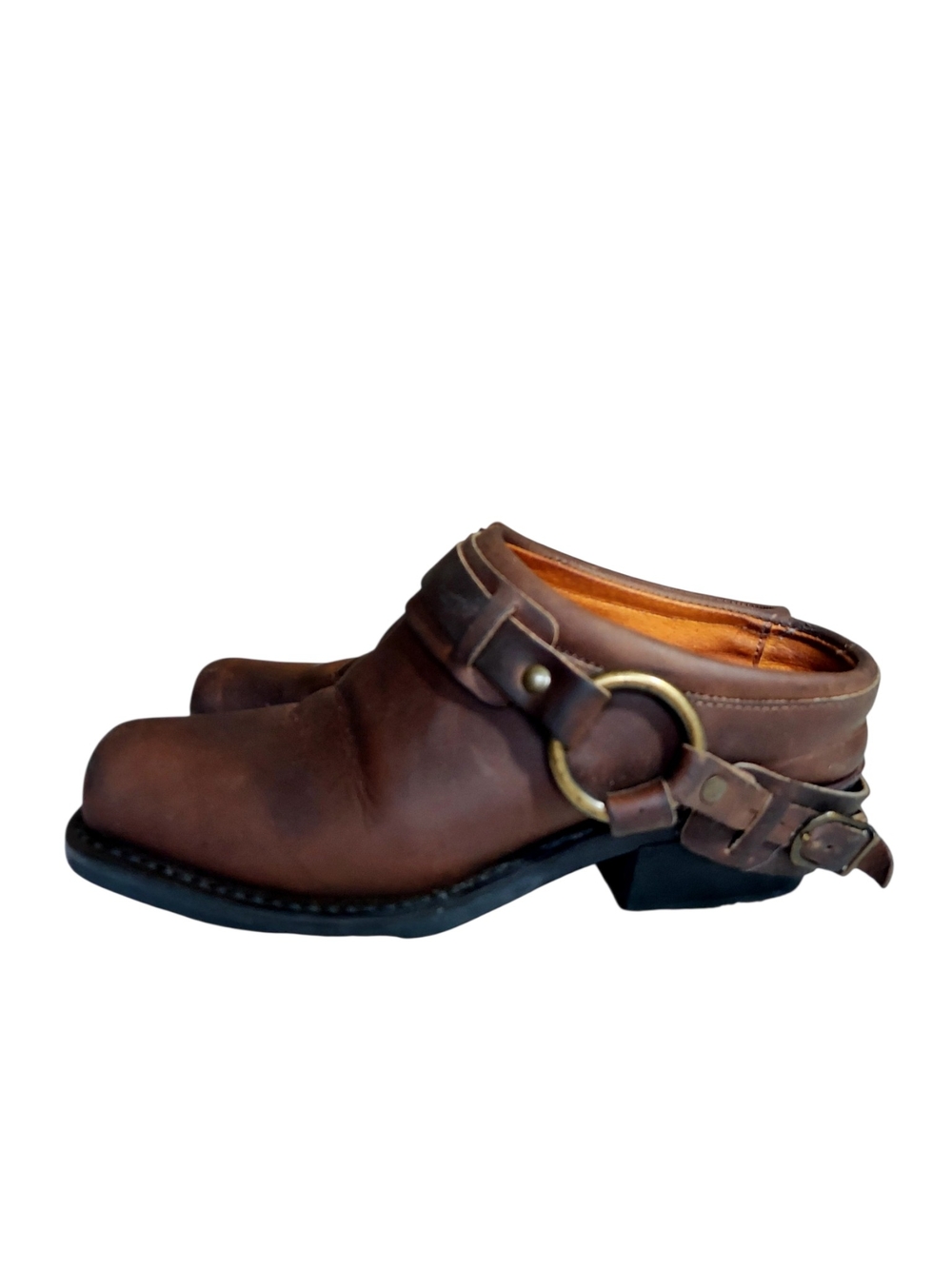 Frye USA Harness Mule Clogs Brown Leather Ring Buckle Slip On Shoes 6B Vintage